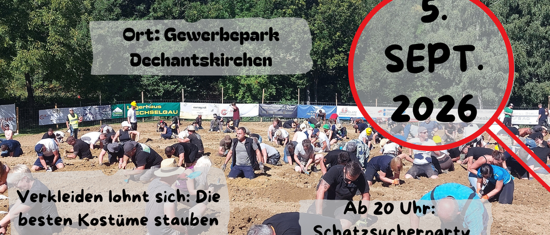 The poster advertises a firefighting event at Dechantskirchen, starting at 12:00 on September 5, 2026. Prizes are awarded for the best costumes, and tickets are available at 50.00€. The event concludes with a treasure hunt party at 20:00.