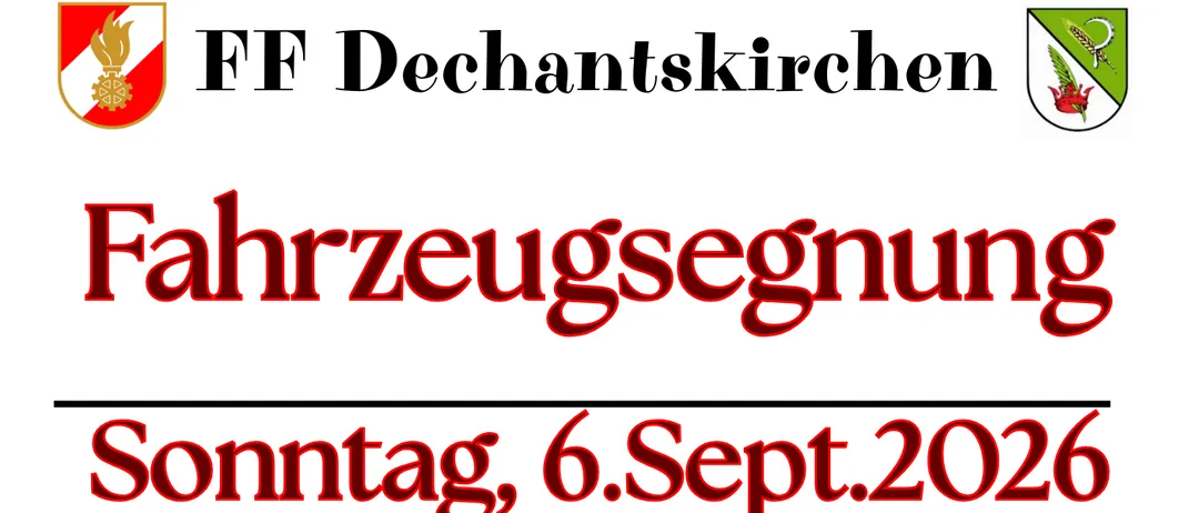 Plakat für eine Fahrzeugsegnung am Sonntag, 6. September 2026. Die Veranstaltung beinhaltet ein Fest ab 9:30 Uhr und eine heilige Messe um 10 Uhr. Ein rotes Fahrzeug mit der Nummer 122 ist abgebildet.