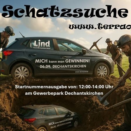 Ein Plakat bewirbt eine Schatzsuche-Veranstaltung. Männer graben mit Schaufeln im Dreck. Ein Auto ist begraben. Das Plakat enthält Details wie Datum, Zeit und Ort.
