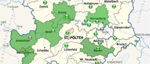 A map of Austria highlighting the regions of St. Pölten, Vienna, Krems, and Tulln. Various towns and landmarks are marked, with green circles indicating specific locations.