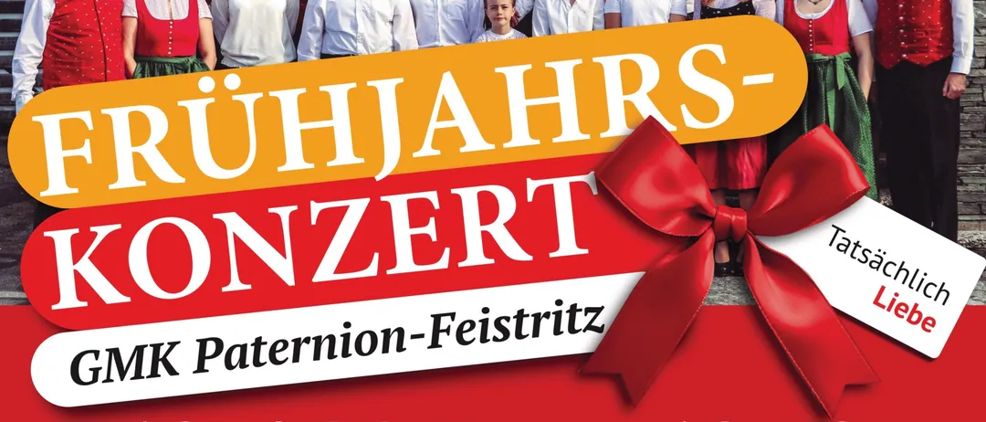 Ein Plakat kündigt ein Frühlingskonzert mit GMK Paternion-Feistritz am 18. April 2026 um 19:30 Uhr an. Die Veranstaltung findet im Gemeindehaus Feistritz/Drau statt.