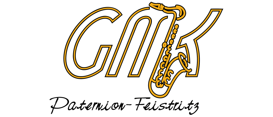 Das Logo der Musikgruppe GNK zeigt ein Saxophon mit dem Namen 'Paternion-Feistritz' in stilisierter Schrift darunter.