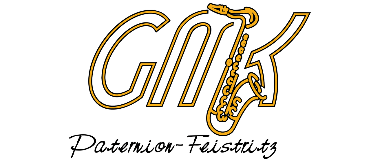 Das Logo der Musikgruppe GNK zeigt ein Saxophon mit dem Namen 'Paternion-Feistritz' in stilisierter Schrift darunter.