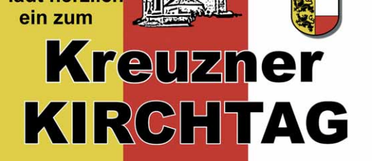 Ein Plakat für den Kreuzner Kirchtag von der Freiwilligen Feuerwehr Kreuzen, mit einer Kirche und dem Gemeindewappen.
