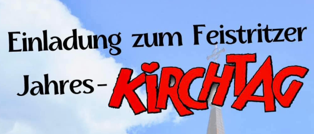 Ein Poster mit den Worten Jahres-Kirchtag in Rot geschrieben, blauer Himmel und weißen Wolken im Hintergrund und einem Logo eines Löwen und eines Schildes auf der rechten Seite.