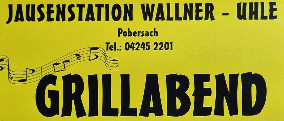 Gelbes Plakat mit schwarzem Text, auf dem 'GRILLABEND 2024' steht. Darunter ist das Datum 'SAMSTAG 03.08' und die Zeit 'AB 18:00 UHR' angegeben. Zwei illustrierte Biergläser sind auf den Seiten abgebildet.
