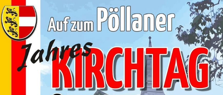 Banner for the Pollaner annual church day featuring a tree, a building with a tower, and a lion crest in red, white, and yellow colors.