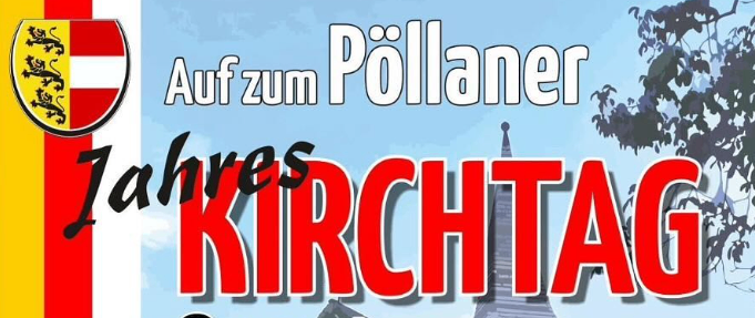 Banner für den jährlichen Kirchentag von Pollaner mit einem Baum, einem Gebäude mit Turm und einem Löwenwappen in rot, weiß und gelb.