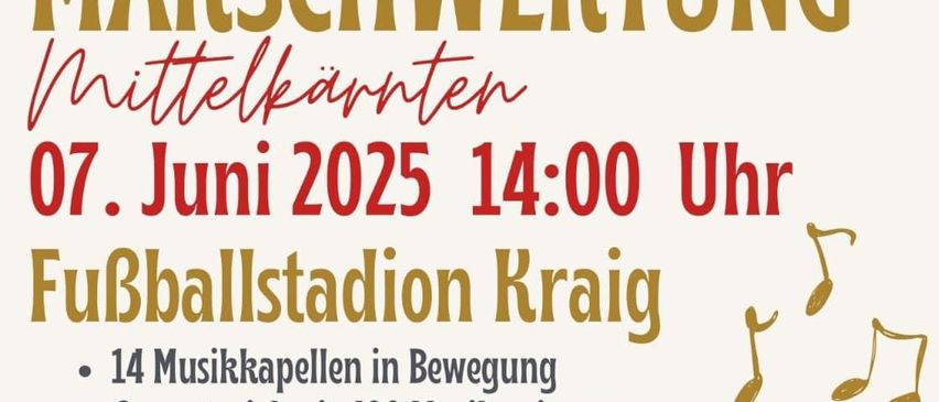 Plakat für eine Musikveranstaltung in Mittelkainten am 7. Juni 2025, um 14 Uhr. Mit 14 Musikkapellen, insgesamt 400 Musikern und freiem Eintritt. Essen und Getränke sind vorhanden.