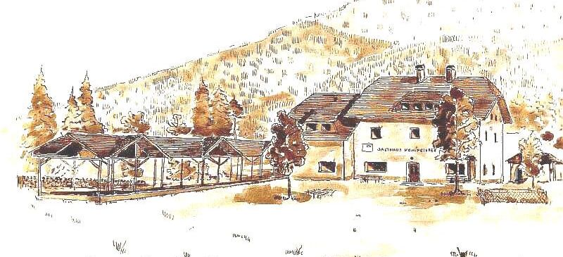Eine Zeichnung von Gasthof Pension Kohlmeister zeigt ein Haus mit Bäumen und einem Berg im Hintergrund. Der Text ist in Schwarz geschrieben.