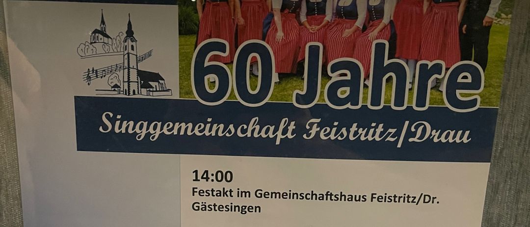 Plakat für das 60-jährige Jubiläum eines Gesangvereins. Es zeigt ein Foto des Vereins und einen Zeitplan für die Feier, einschließlich Singen und Empfang. Das Datum ist der 20. September 2014.