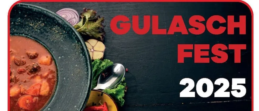 Werbeplakat für ein traditionelles Gulaschfest im Jahr 2025. Zeigt eine Schüssel mit Gulasch und einen Löffel. Geplant für Freitag, 26. September 2025, Beginn um 18 Uhr im Gemeindehaus Feistritz/Drau.