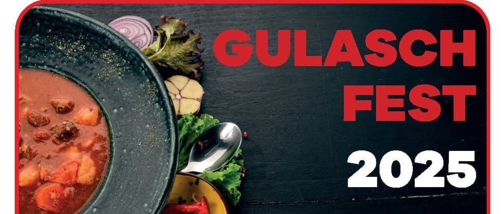 Werbeplakat für ein traditionelles Gulaschfest im Jahr 2025. Zeigt eine Schüssel mit Gulasch und einen Löffel. Geplant für Freitag, 26. September 2025, Beginn um 18 Uhr im Gemeindehaus Feistritz/Drau.