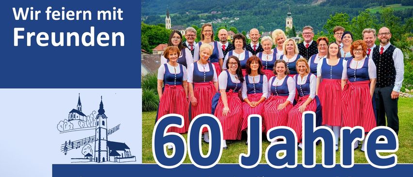 Plakat für die 60-Jahr-Feier einer Gesangsgemeinschaft in Feistritz/Drau. Veranstaltungsdetails umfassen eine Zusammenkunft um 14 Uhr, ein Fest im Gemeindehaus und ein offenes Singen um 18 Uhr. Mehrere Chöre und Gesangsgruppen nehmen teil.
