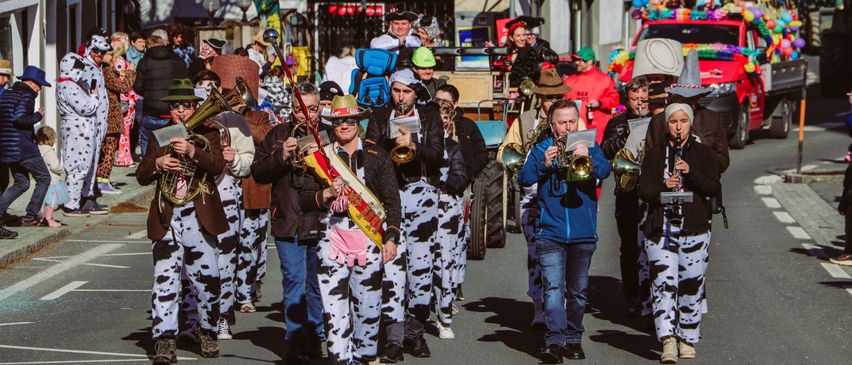 Eine Gruppe von Musikern in Kuhkostümen zieht bei einem Umzug mit, mit Zuschauern und Straßendekorationen im Hintergrund.