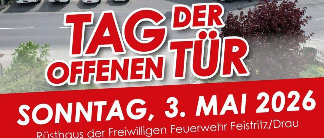Tag der offenen Tür am 3. Mai 2026. 10:00 Uhr ökumenischer Gottesdienst, anschließend Platzkonzert der Gemeindemusikkapelle. Feuerlöscher-Überprüfung €9,50.