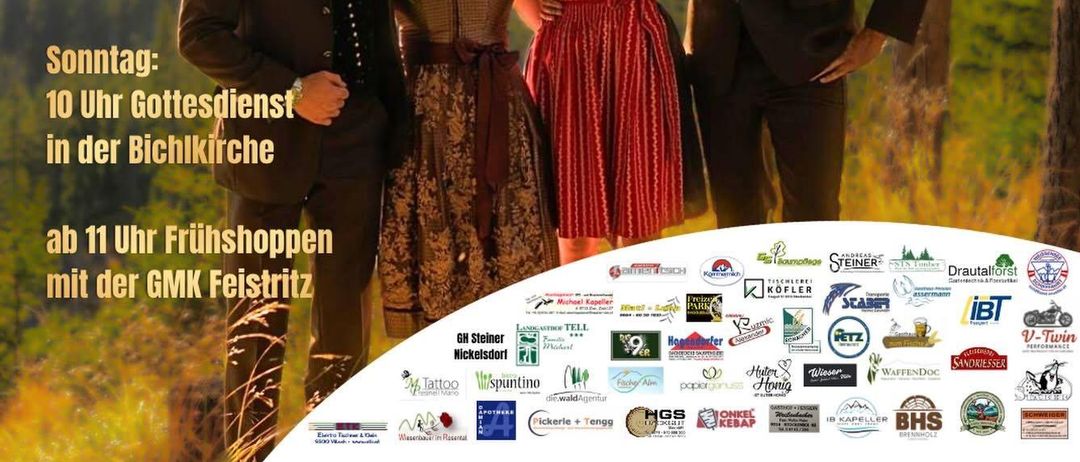 Plakat für ein traditionelles deutsches Kirchenfest. Vier Personen in formeller Kleidung stehen vor einem Waldhintergrund. Die Termine für die Veranstaltung sind der 20. und 21. Juni 2026. Eintrittspreis und Ticketpreise sind aufgeführt.