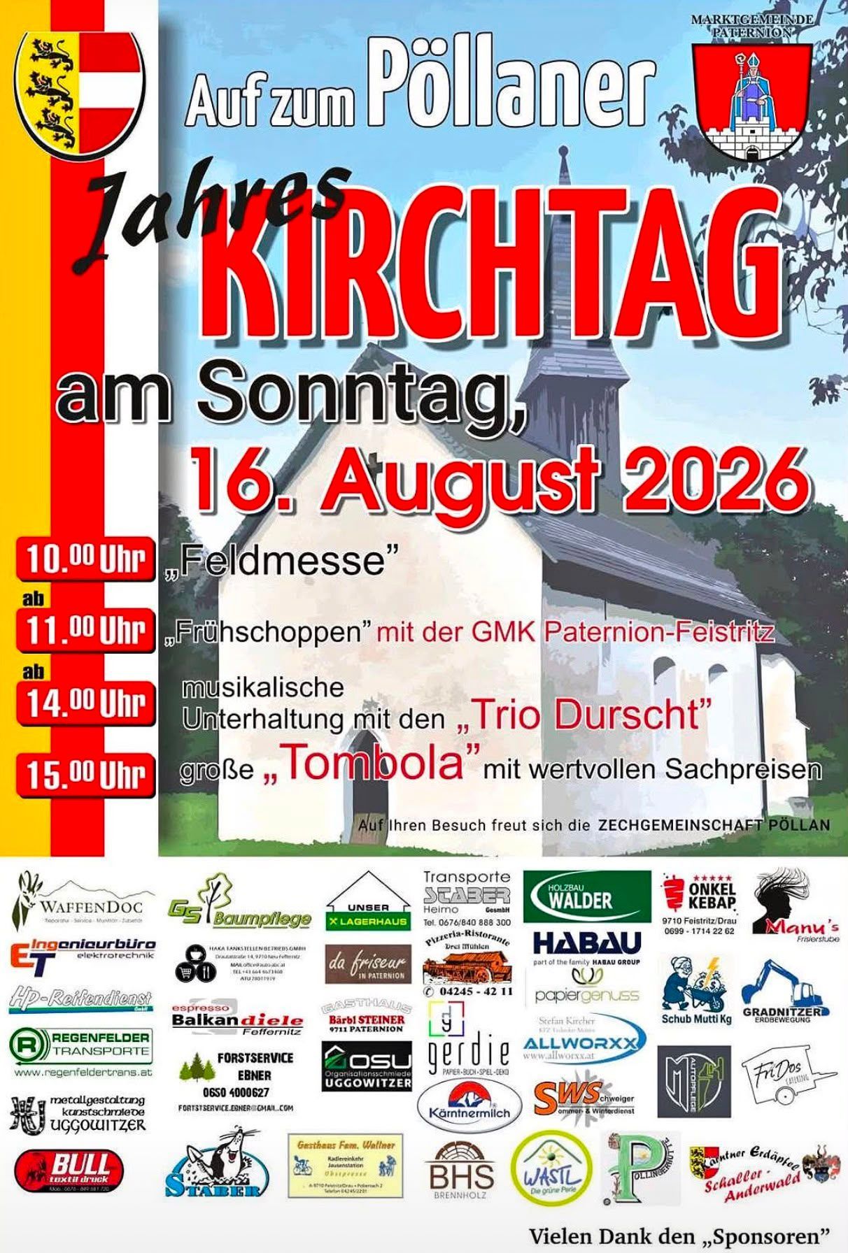 Plakat für das jährliche Kirchtag-Event am 16. August 2026, mit einer Kirche, geplanten Aktivitäten und Sponsoren.