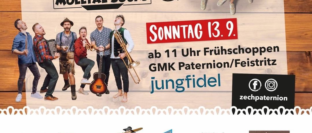 Plakat für das Paternioner Kirchtag-Event am 12. und 13. September mit einer Gruppe von Musikern und einem hölzernen Hintergrund.