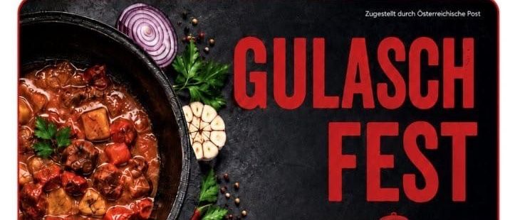 Ein Plakat für das Gulasch Fest 2026, das eine Schüssel Gulasch mit Gemüse und Kräutern zeigt, vor schwarzem Hintergrund mit rotem Text. Die Veranstaltung ist für Freitag, den 18. September 2026, um 18 Uhr im Gemeindehaus Feistritz/Drau geplant.