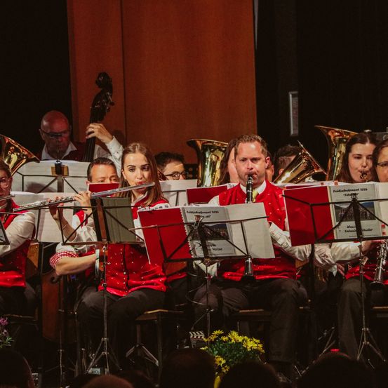 Eine Band mit Musikern, die auf der Bühne spielen, eine Frau spielt Flöte