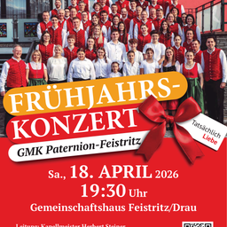 Plakat für ein Frühjahrskonzert von GMK Paternion-Feistritz am 18. April 2026 um 19:30 im Gemeindehaus. Ein Chor in roten Westen steht hinter einem roten Band.