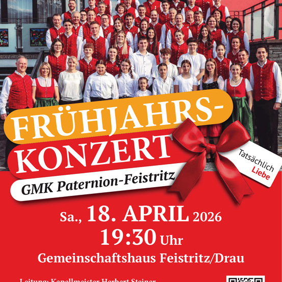Plakat für ein Frühjahrskonzert von GMK Paternion-Feistritz am 18. April 2026 um 19:30 im Gemeindehaus. Ein Chor in roten Westen steht hinter einem roten Band.