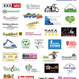 Das Bild zeigt verschiedene Logos von Unternehmen, Organisationen und Dienstleistern. Bemerkenswerte Logos sind XXXLutz, Tattoo Presinell Mario, X Lagerhaus und andere. Jedes Logo repräsentiert ein anderes Unternehmen oder eine andere Organisation.