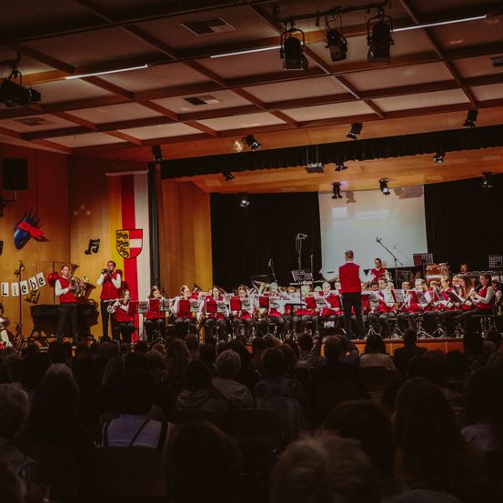 Ein Orchester tritt auf der Bühne vor einem Publikum auf. Die Bühne ist gut beleuchtet, mit Musikinstrumenten und einer Leinwand im Hintergrund.