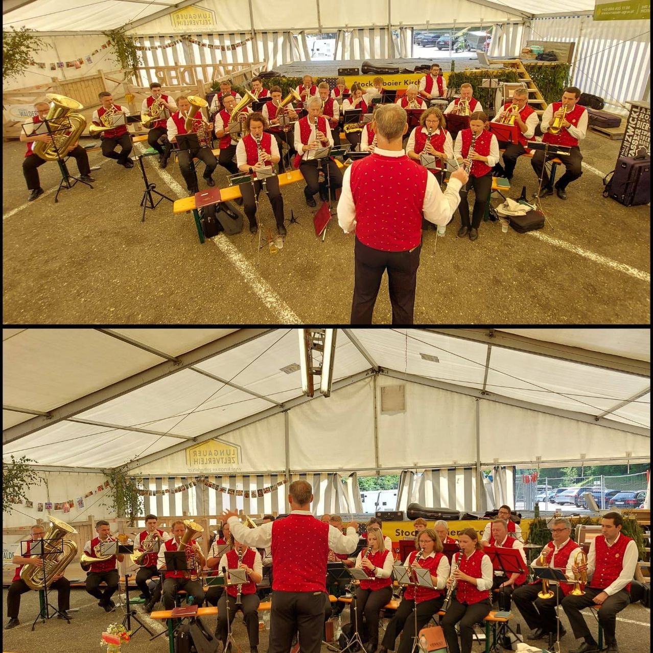 Zwei Bilder einer Band, die in einem Zelt auftritt. Ein Bild zeigt die Band im Kreis um einen Dirigenten. Das andere Bild zeigt einen Dirigenten, der gestikuliert, während die Band spielt.