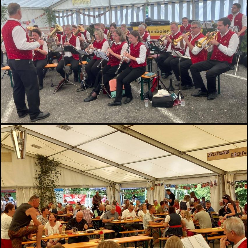 Zwei Bilder zeigen eine Band, die auftritt, und ein Publikum, das unter einem Zelt Essen und Getränke genießt. Die Band besteht aus Trompeten, Posaunen und Klarinetten. Das Publikum sitzt an Tischen, einige mit Getränken und Essen.