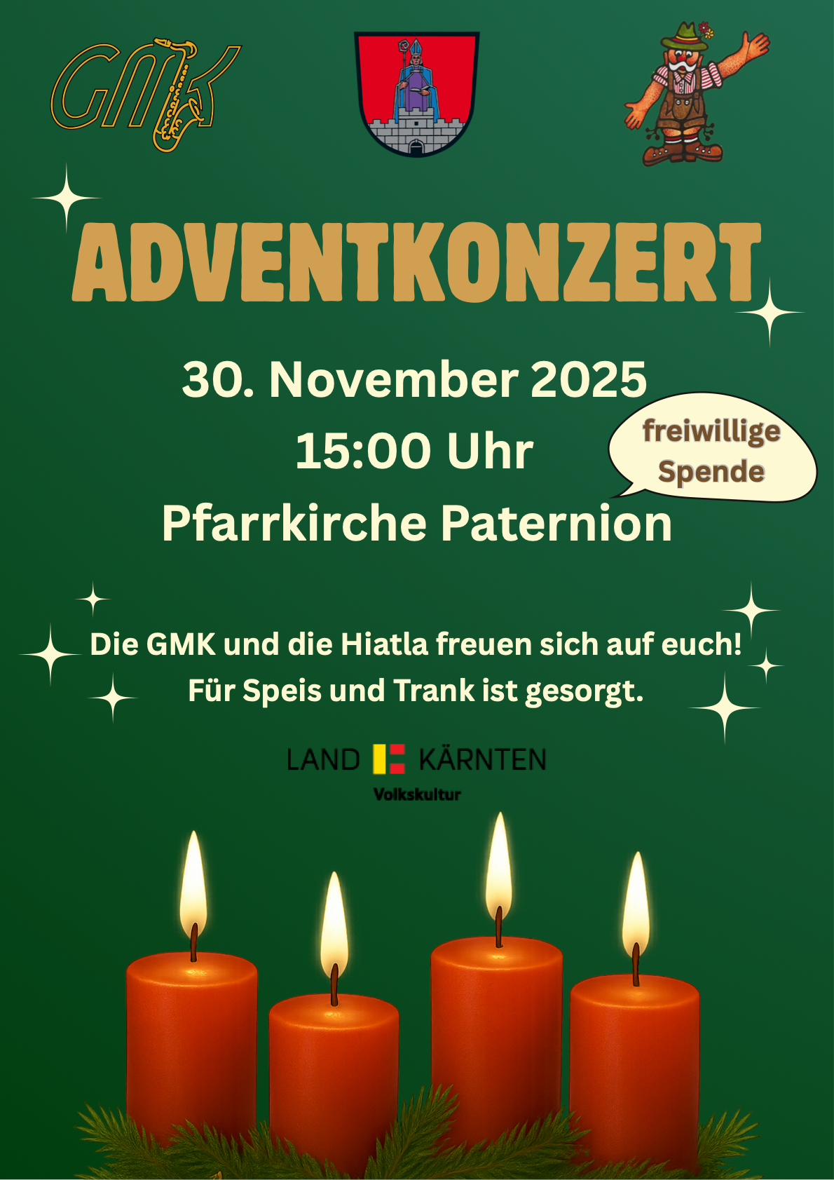 Ein Plakat für das Adventkonzert am 30. November 2025 um 15:00 Uhr in der Pfarrkirche Paternian. Es zeigt drei brennende Kerzen und erwähnt eine freiwillige Spende. Die Veranstaltung wird von GMK und Hiatla ausgerichtet, die alle einladen, sich für Essen und Getränke zu treffen.