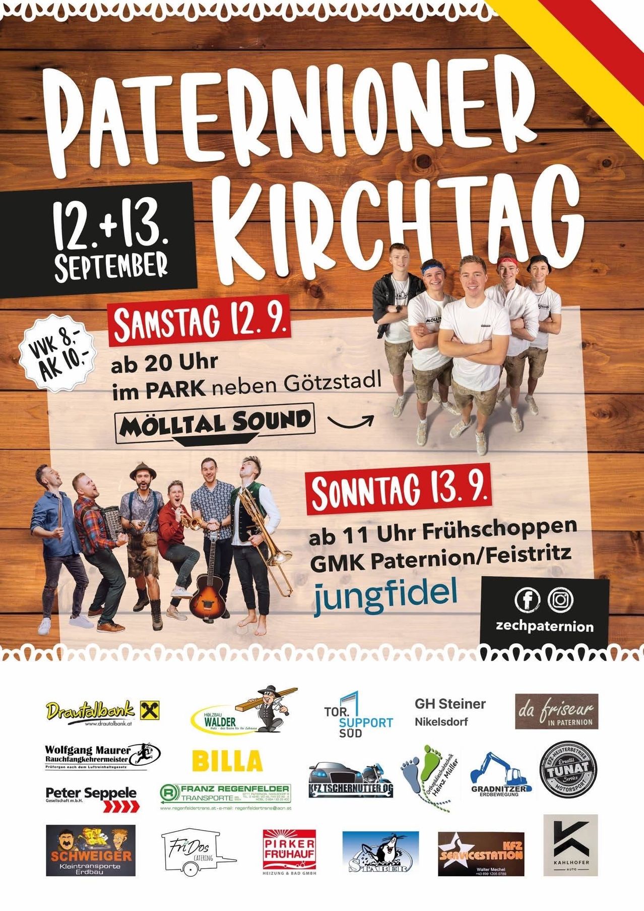 Ein Werbeplakat für ein Kirchenfest in Paternion, Österreich, mit einer Gruppe von Musikern und Veranstaltungsdetails für den 12. und 13. September.