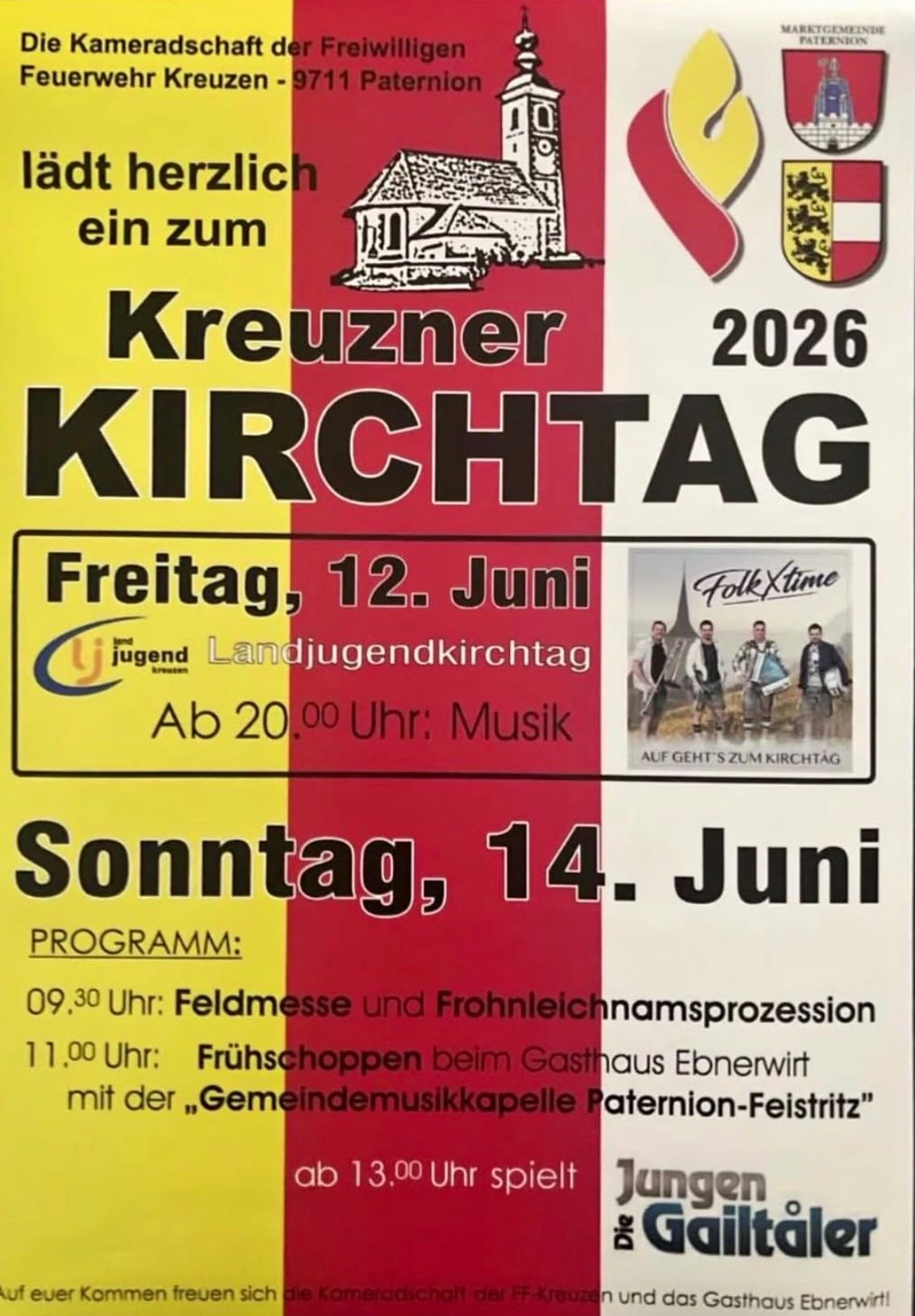 Plakat für Kreuzner Kirchtag im Jahr 2026. Veranstaltungen am 12. und 14. Juni. Beinhaltet Musik, Feldmesse, Prozession und Frühschoppen.