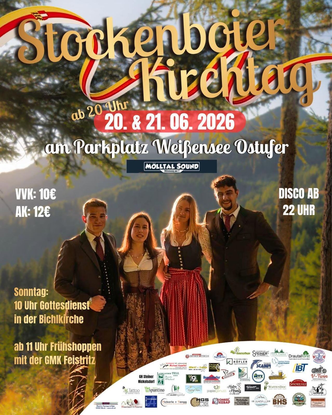 Plakat für den Sommerwald-Kirchtag am 20. und 21. Juni 2026. Veranstaltung beginnt um 20 Uhr, am Parkplatz Weißensee Ostufer. Tickets: 10 Euro, Kinder: 12 Euro. Die Disco startet um 22 Uhr.
