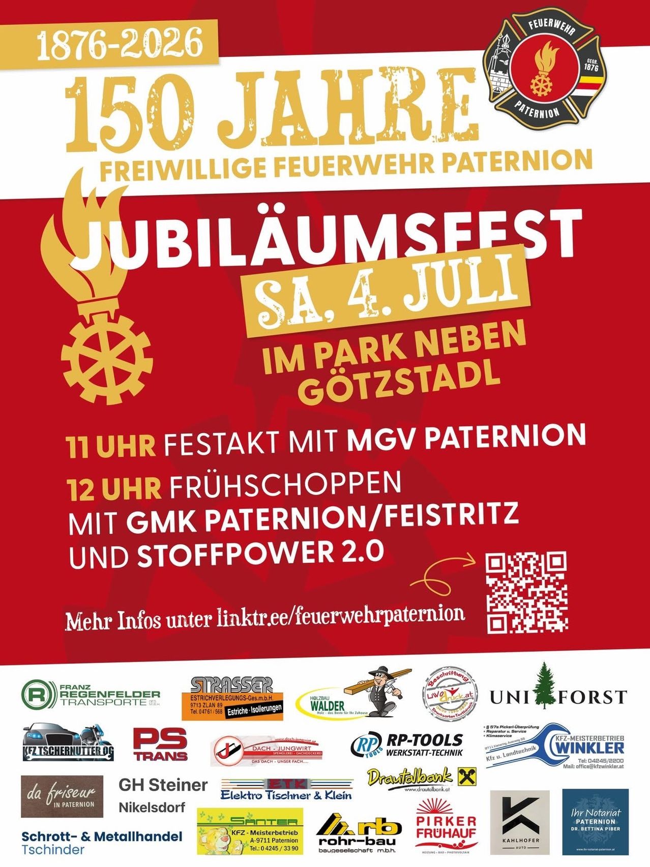 Jubiläumsfeier zum 150-jährigen Bestehen der Freiwilligen Feuerwehr Paternio. Veranstaltung am 4. Juli im Park neben Gotzstadt. Beginn um 11:00 Uhr mit MGV Palernion, gefolgt von einem Eröffnungsakt um 12:00 Uhr mit GMK Palerni/Feistritz und Stoffpower 2.0. QR-Code für weitere Informationen.
