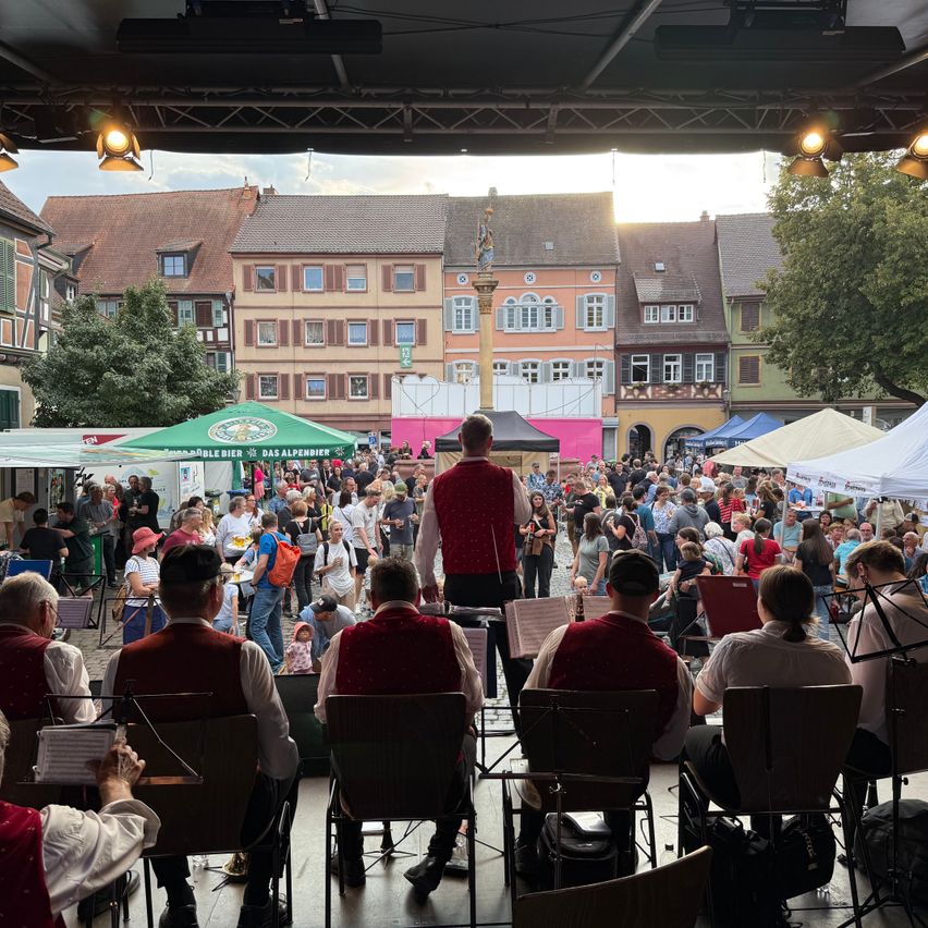 Eine Band spielt auf einer Bühne vor einer großen Menschenmenge im Freien.