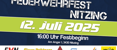 Plakat für das 12. Juli 2025 Feuerwerksfest in Nizting. Es beginnt um 16:00 Uhr. Der Ort ist Anger 1, 3430 Nizting. Sponsoren sind Eigener Rothbauer und Fritz Installationen.