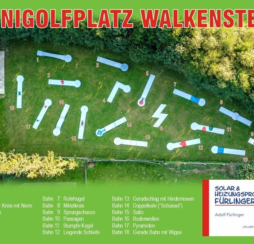 Ein Golfplatz-Layout mit nummerierten Wegen und Hindernissen. Verschiedene Herausforderungen sind beschriftet wie 'Rohrhugel', 'Mittelkreis', 'Sprungschanze' und 'Legende Schleife'. Das Layout beinhaltet eine Liste der Herausforderungen auf der linken Seite und ein Markenlogo auf der rechten Seite.