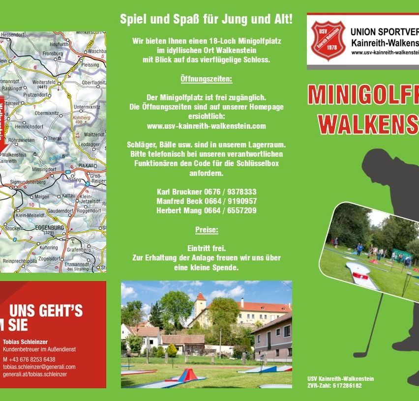 Die Werbung bietet einen kostenlosen 18-Loch-Minigolfplatz für alle Altersgruppen mit Blick auf das Schloss Viergiebelstein. Der Zugang ist frei und die Öffnungszeiten sind auf ihrer Website verfügbar. Der Minigolfplatz wird telefonisch gepflegt.