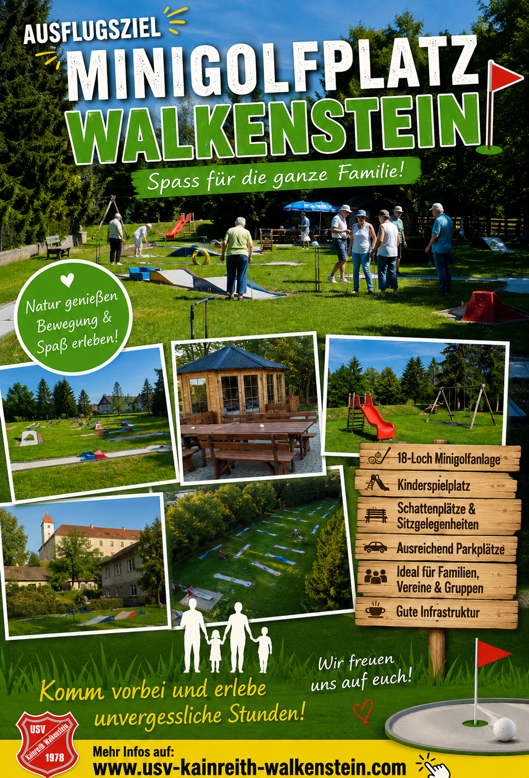 Ein Plakat, das Walkenstein, einen familienfreundlichen Outdoor-Aktivitätsbereich, bewirbt. Es bietet Minigolf, Spielplätze und Picknickplätze und hebt die natürliche Umgebung und die familienorientierte Atmosphäre hervor.