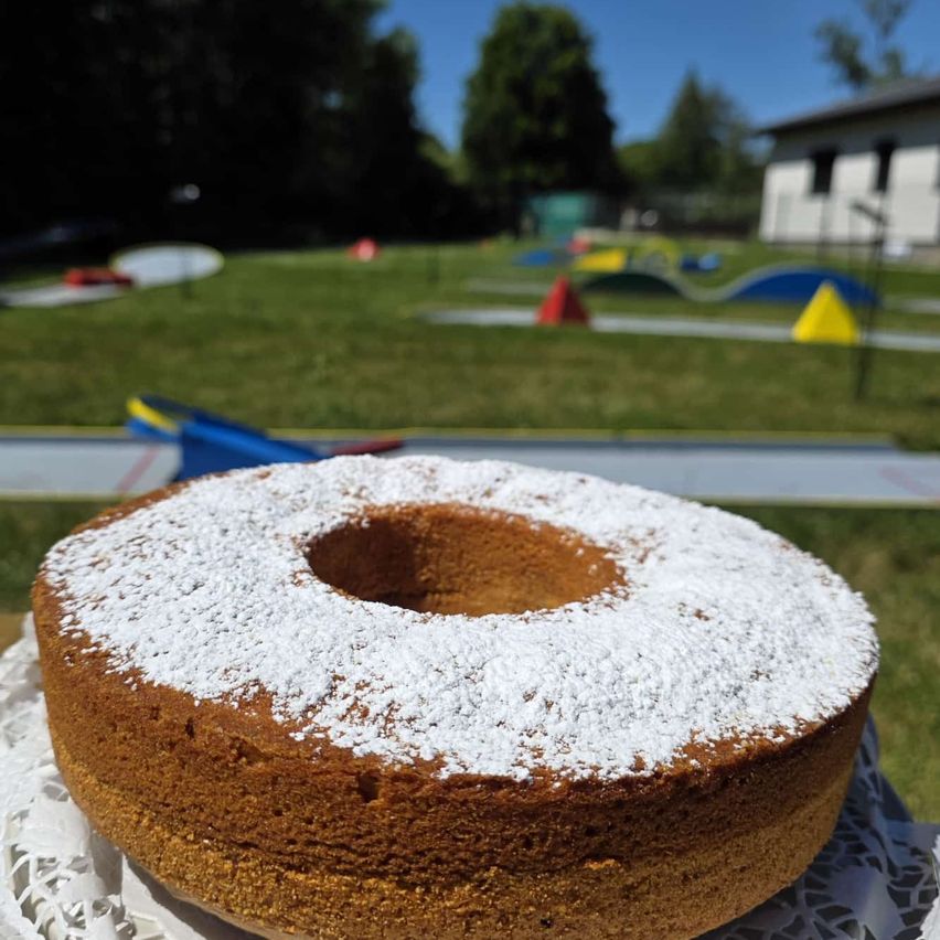 A cake with powdered sugar on top is placed on a white doily in front of a blurry background of a park with a building and a miniature golf course.