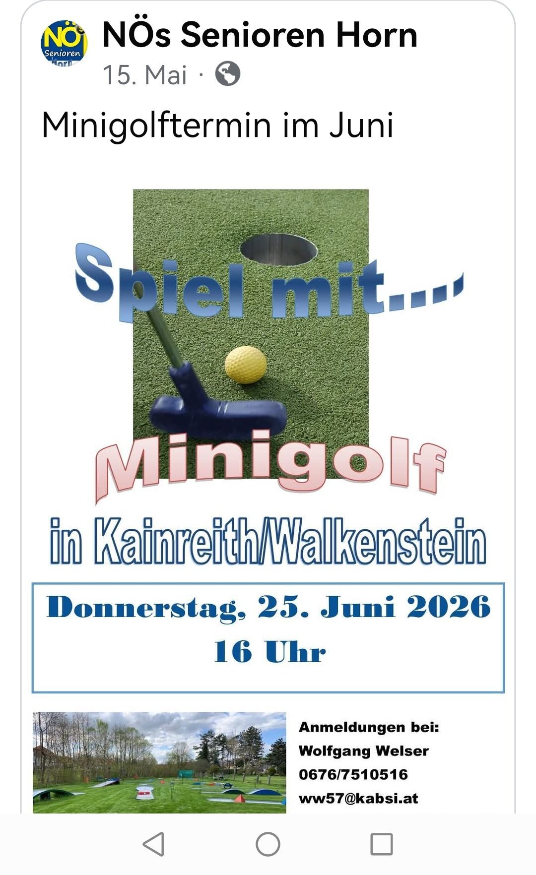 Ein Poster bewirbt eine Minigolf-Veranstaltung am Donnerstag, 25. Juni 2026, um 16 Uhr in Kainreither Walkenstein mit einem gelben Golfball auf dem Grün.