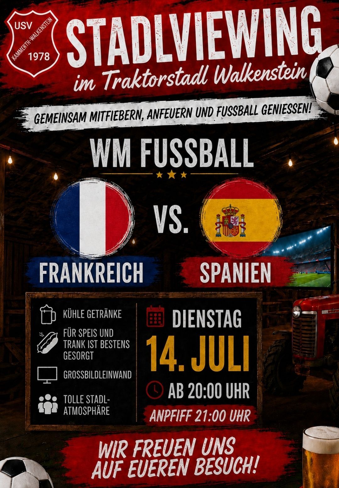 Poster for a soccer match between France and Spain. The event is on July 14th, starting at 8 PM. It features cool drinks, food, and a lively atmosphere.