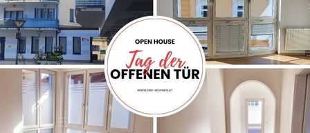 Drei Bilder eines Gebäudes, ein Außen- und zwei Innenaufnahmen. Außenaufnahme zeigt ein mehrstöckiges Haus mit blauem Rahmen. Innenaufnahmen zeigen einen Flur und ein Fenster. Das weiße Schild sagt 'Open House Tag der Offenen Tür.'
