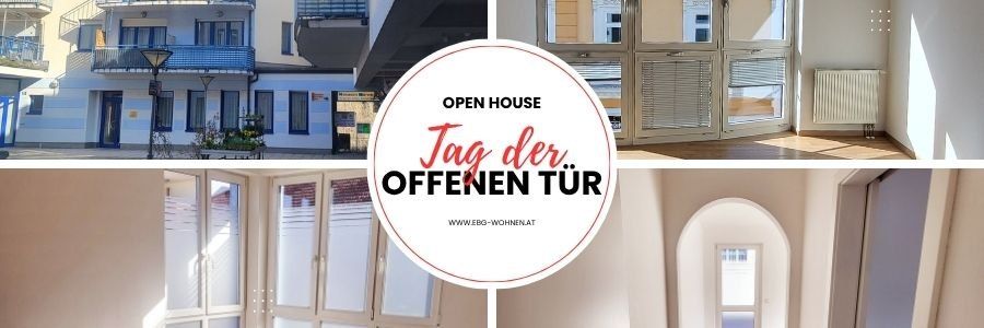 Drei Bilder eines Gebäudes, ein Außen- und zwei Innenaufnahmen. Außenaufnahme zeigt ein mehrstöckiges Haus mit blauem Rahmen. Innenaufnahmen zeigen einen Flur und ein Fenster. Das weiße Schild sagt 'Open House Tag der Offenen Tür.'