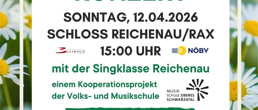 Ein Plakat für das Frühjahrskonzert des Kreuzberger Musikvereins im Schloss Reichenau/Rax am 12.04.2026 um 15:00 Uhr. Freier Eintritt.
