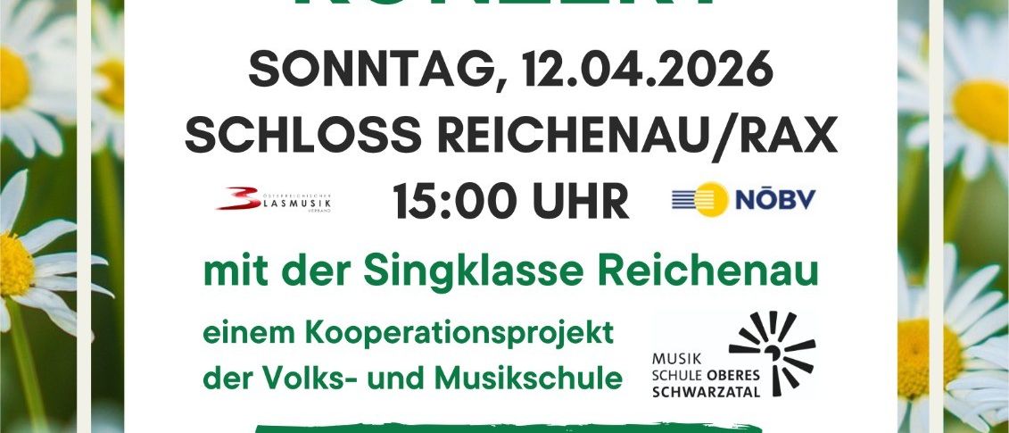 Ein Plakat für das Frühjahrskonzert des Kreuzberger Musikvereins im Schloss Reichenau/Rax am 12.04.2026 um 15:00 Uhr. Freier Eintritt.