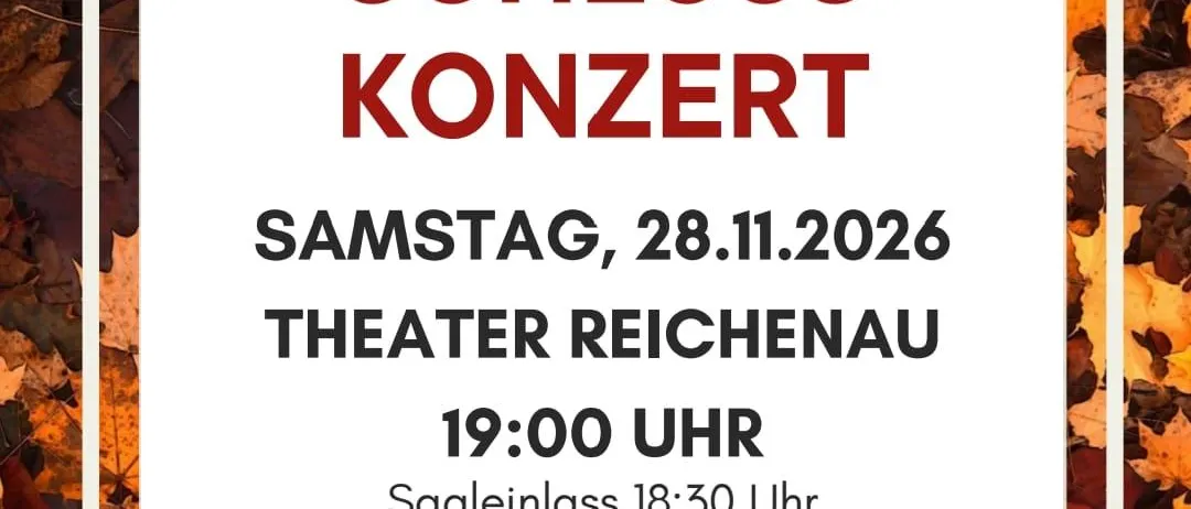 Plakat für das Jahresschlusskonzert des Kreuzberger Musikvereins am Samstag, 28. November 2026, im Theater Reichenau, Beginn 19:00 Uhr.