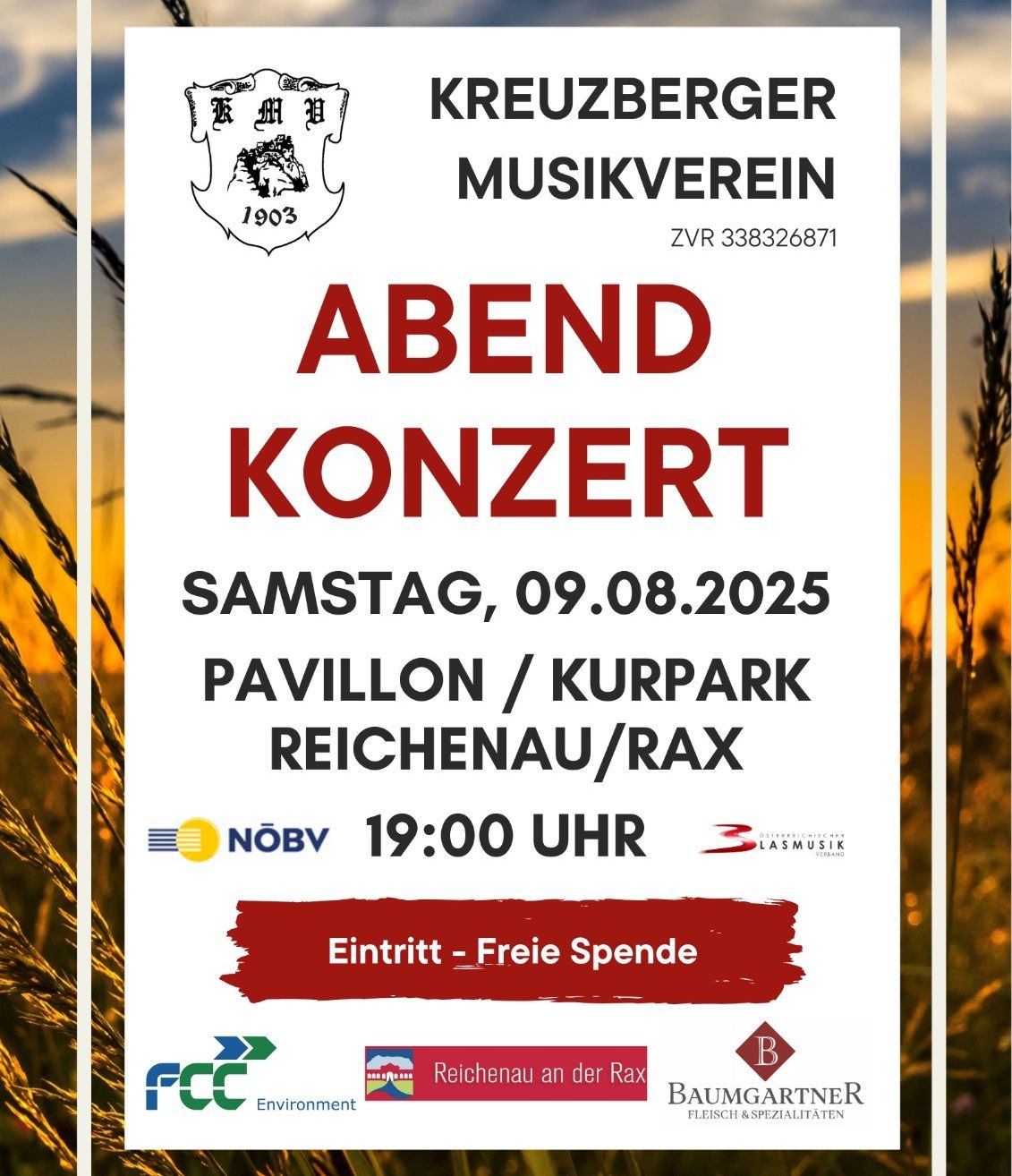 Eine Anzeige für den Kreuzberger Musikverein zeigt ein Abendkonzert am Samstag, 09.08.2025, um 19:00 Uhr. Die Veranstaltung findet im Pavillon/Kurpark in Reichenau/Rax statt. Der Eintritt ist frei.